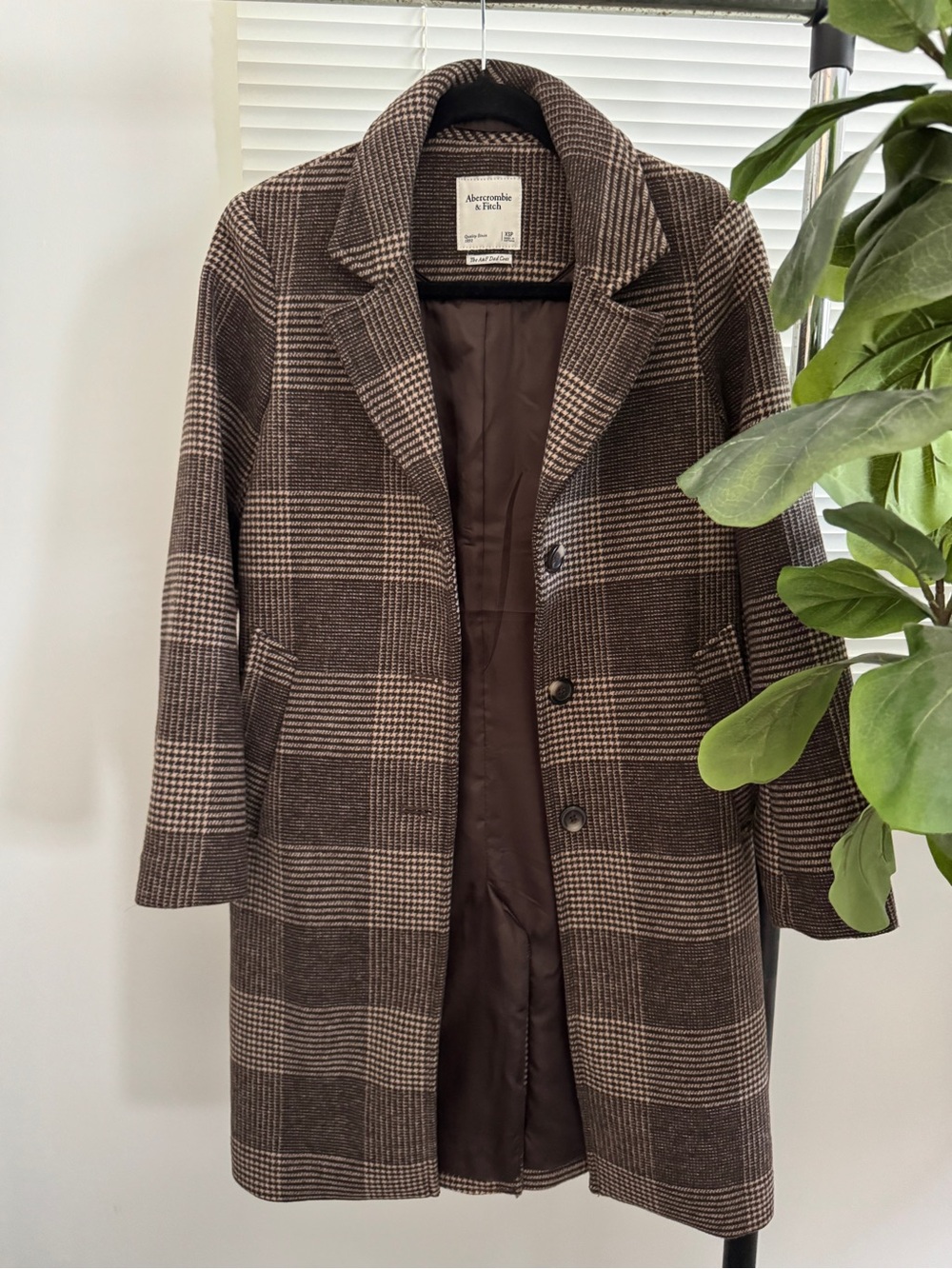 Abercrombie & Fitch Brown Plaid Tailored Wool-Blend Pea Coat